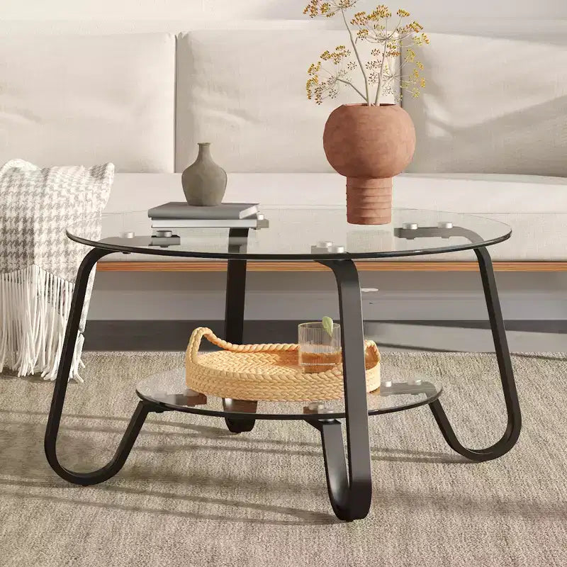 Tavolino da caffè retrò minimalista con struttura in metallo e doppio ripiano in vetro temperato, dimensioni 80x80x45 cm