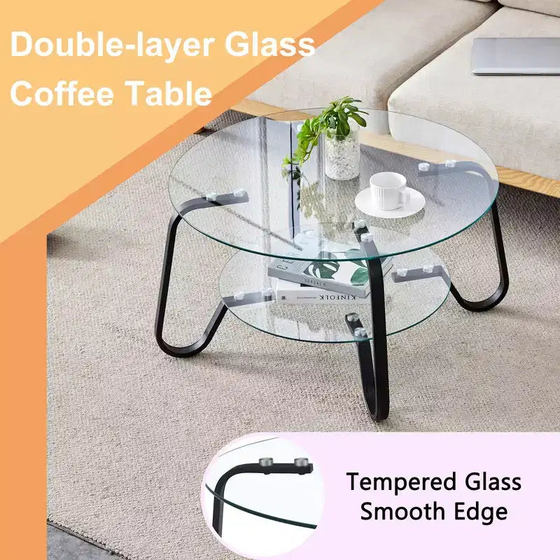 Tavolino da caffè retrò minimalista con struttura in metallo e doppio ripiano in vetro temperato, dimensioni 80x80x45 cm