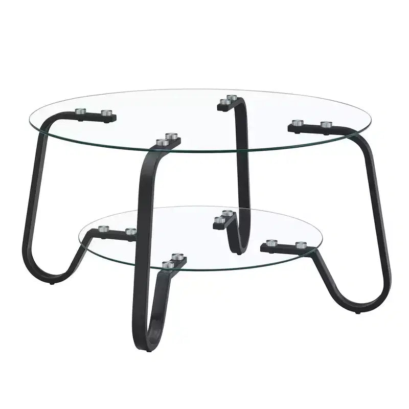 Tavolino da caffè retrò minimalista con struttura in metallo e doppio ripiano in vetro temperato, dimensioni 80x80x45 cm
