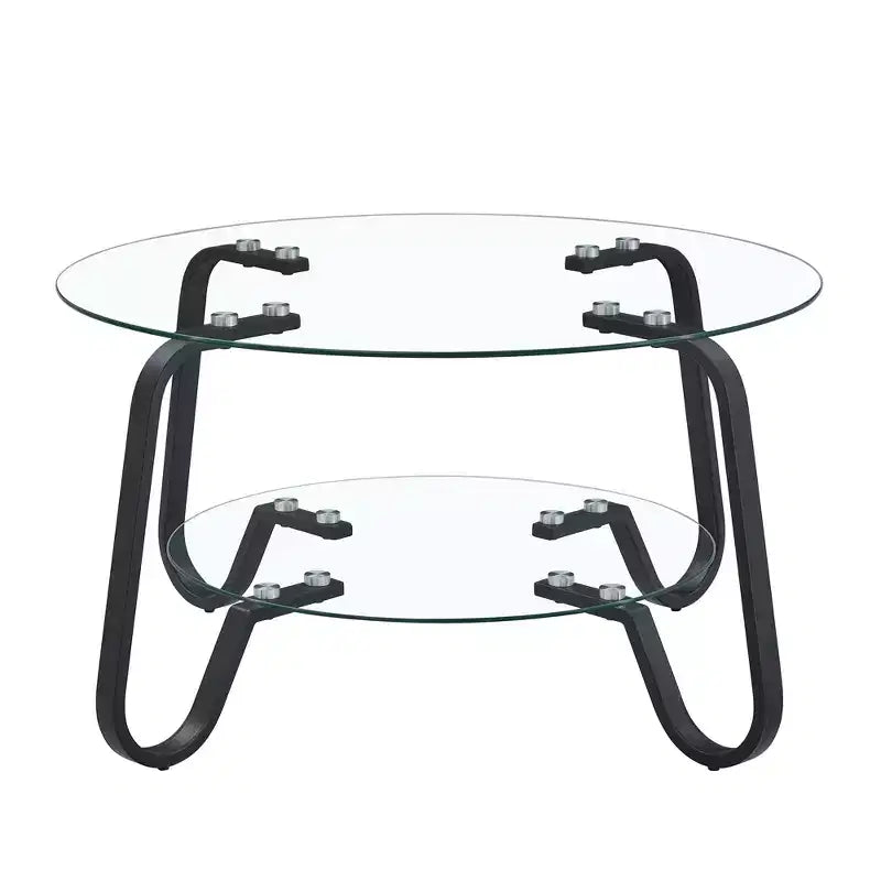 Tavolino da caffè retrò minimalista con struttura in metallo e doppio ripiano in vetro temperato, dimensioni 80x80x45 cm