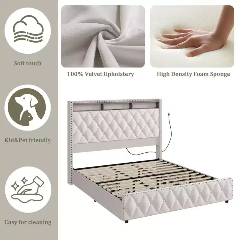 Struttura letto imbottita con 4 cassetti contenitore - Testiera alta - Senza rumore - Facile da montare - Nessuna base a molle necessaria