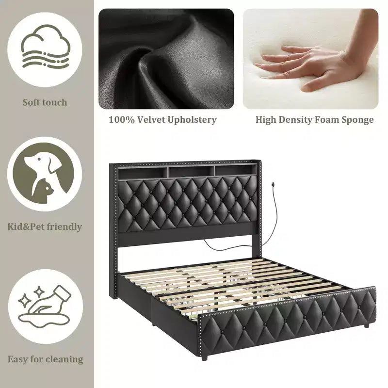 Struttura letto imbottita con 4 cassetti contenitore - Testiera alta - Senza rumore - Facile da montare - Nessuna base a molle necessaria