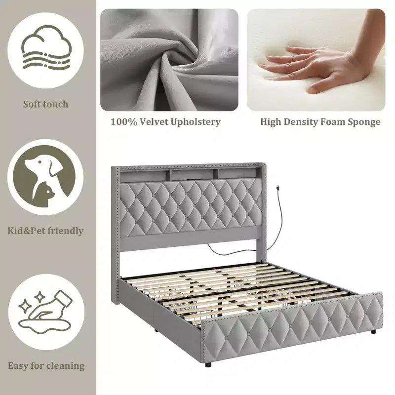 Struttura letto imbottita con 4 cassetti contenitore - Testiera alta - Senza rumore - Facile da montare - Nessuna base a molle necessaria