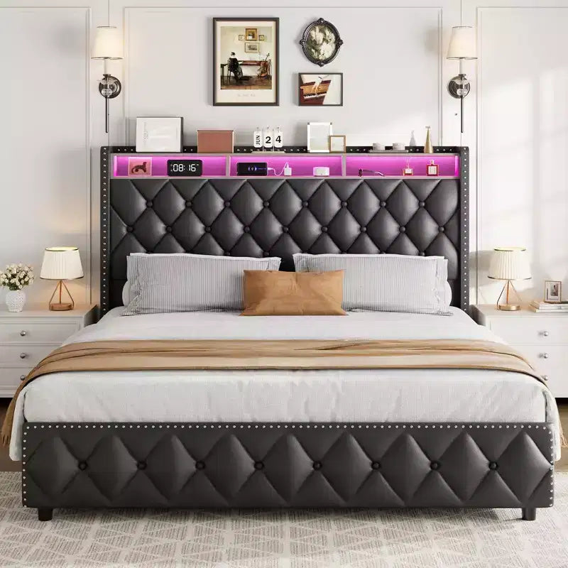 Soft Upholstered Platform Bed Frame with 4 Storage Drawers - Tall Headboard - Noise-Free - Easy Assembly - No Box Early Season Needed