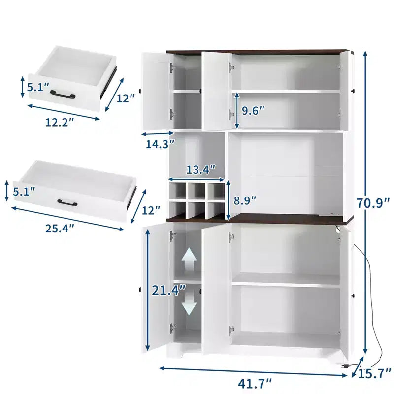 Dispensa da cucina bianca alta 180 cm, credenza da cucina moderna stile coloniale, mobile autoportante per stazione caffè con spazio contenitore