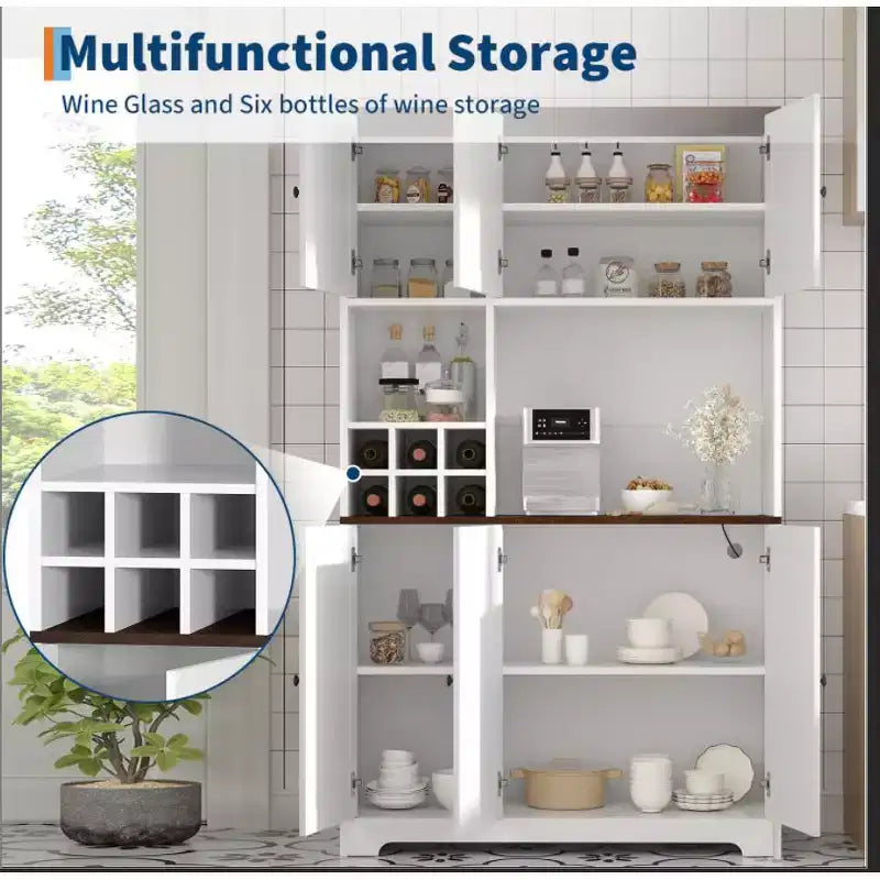 Dispensa da cucina bianca alta 180 cm, credenza da cucina moderna stile coloniale, mobile autoportante per stazione caffè con spazio contenitore