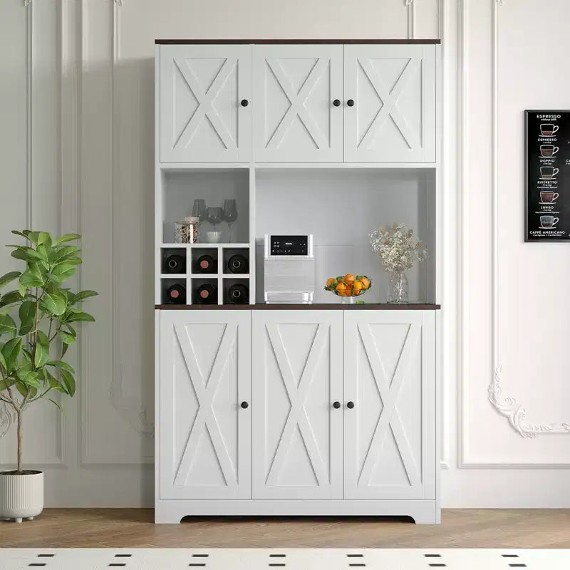 Dispensa da cucina bianca alta 180 cm, credenza da cucina moderna stile coloniale, mobile autoportante per stazione caffè con spazio contenitore