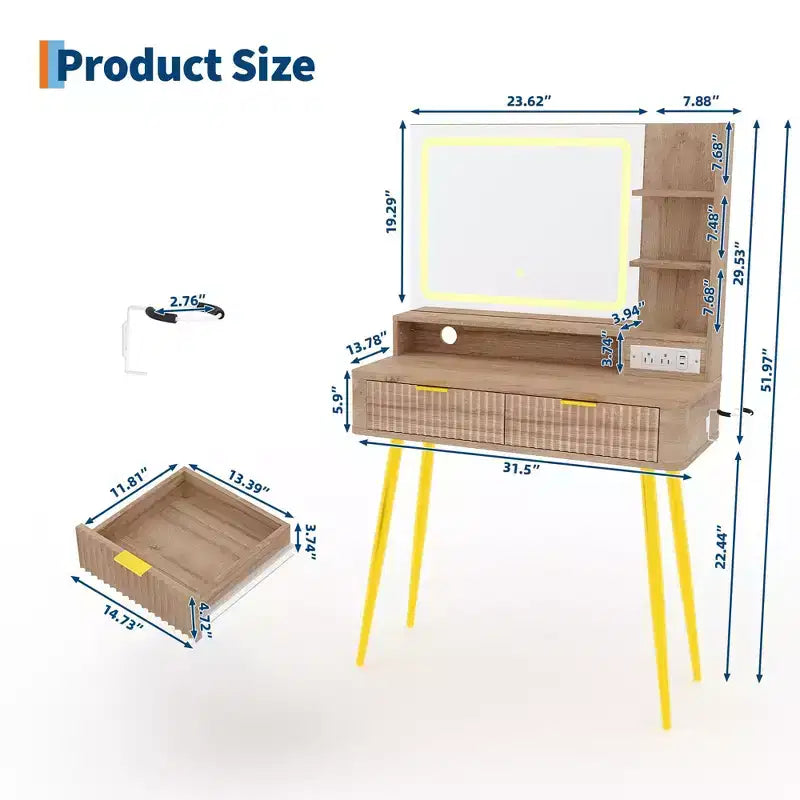 Scrivania da trucco a LED da 31,5 pollici con specchio e 2 cassetti per camera da letto, per riporre e organizzare