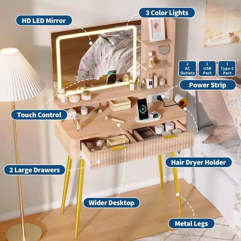 Scrivania da trucco a LED da 31,5 pollici con specchio e 2 cassetti per camera da letto, per riporre e organizzare