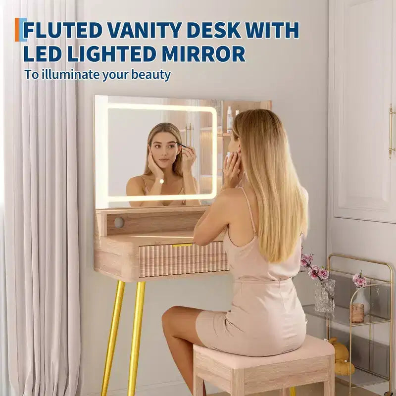 Scrivania da trucco a LED da 31,5 pollici con specchio e 2 cassetti per camera da letto, per riporre e organizzare