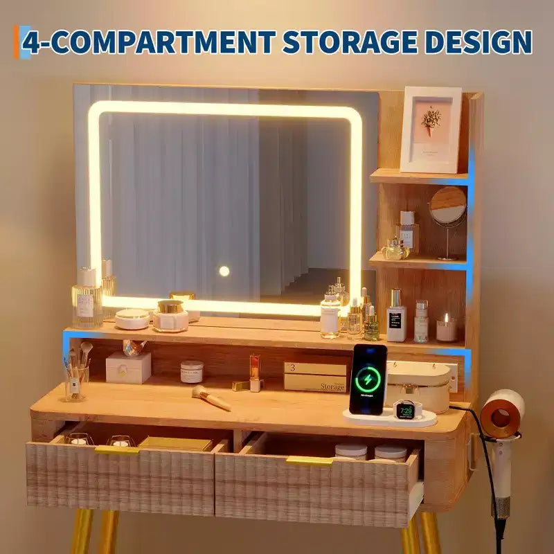 Scrivania da trucco a LED da 31,5 pollici con specchio e 2 cassetti per camera da letto, per riporre e organizzare