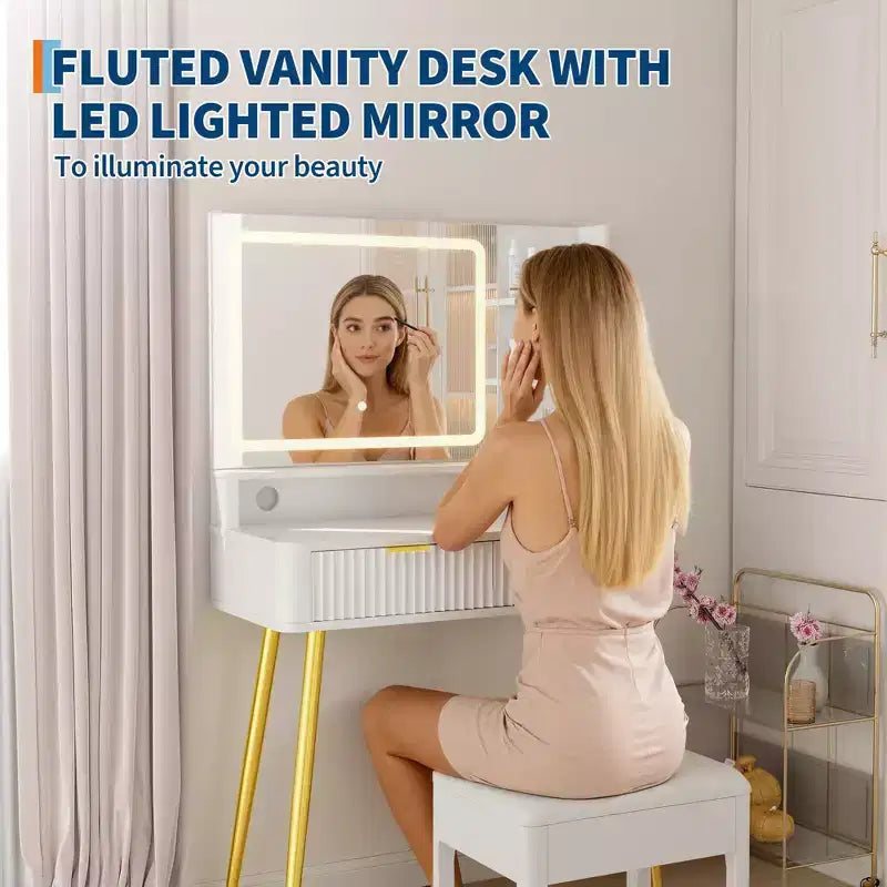 Scrivania da trucco a LED da 31,5 pollici con specchio e 2 cassetti per camera da letto, per riporre e organizzare