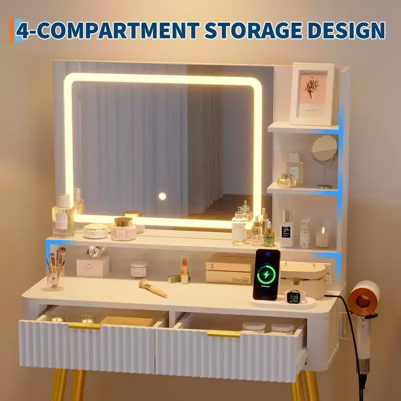 Scrivania da trucco a LED da 31,5 pollici con specchio e 2 cassetti per camera da letto, per riporre e organizzare