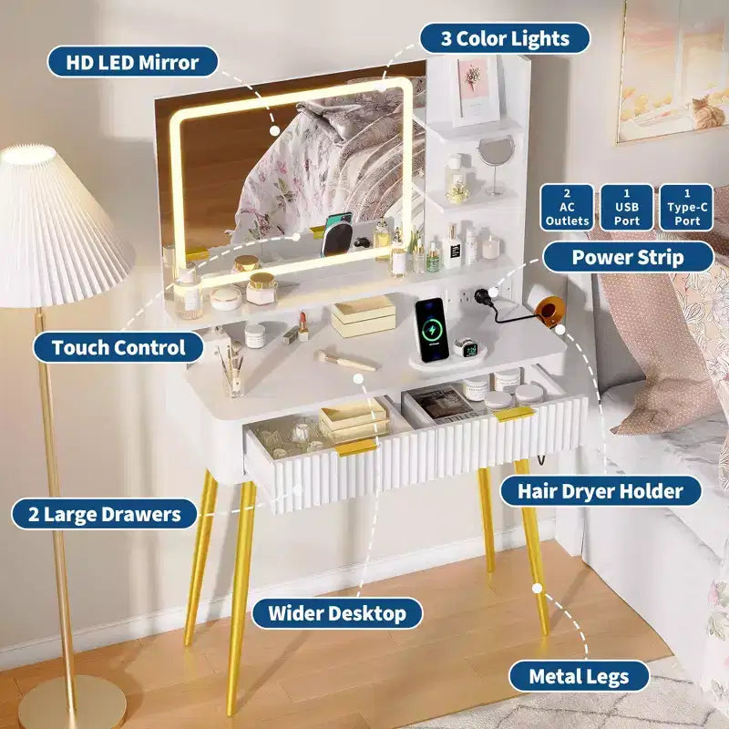 Scrivania da trucco a LED da 31,5 pollici con specchio e 2 cassetti per camera da letto, per riporre e organizzare