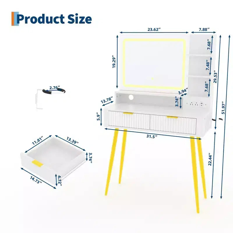 Scrivania da trucco a LED da 31,5 pollici con specchio e 2 cassetti per camera da letto, per riporre e organizzare