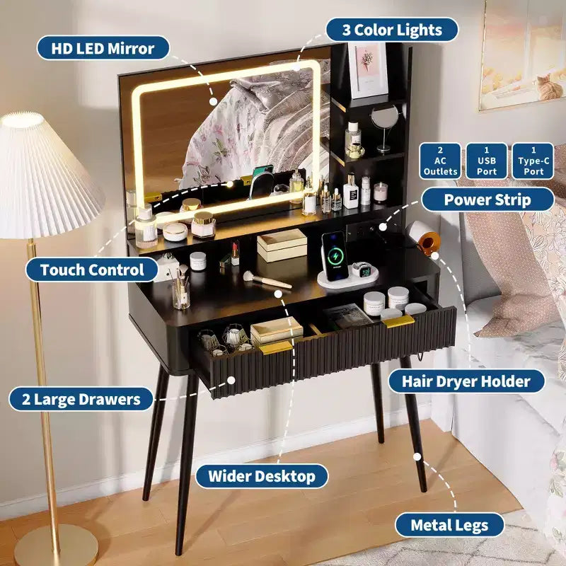 Scrivania da trucco a LED da 31,5 pollici con specchio e 2 cassetti per camera da letto, per riporre e organizzare