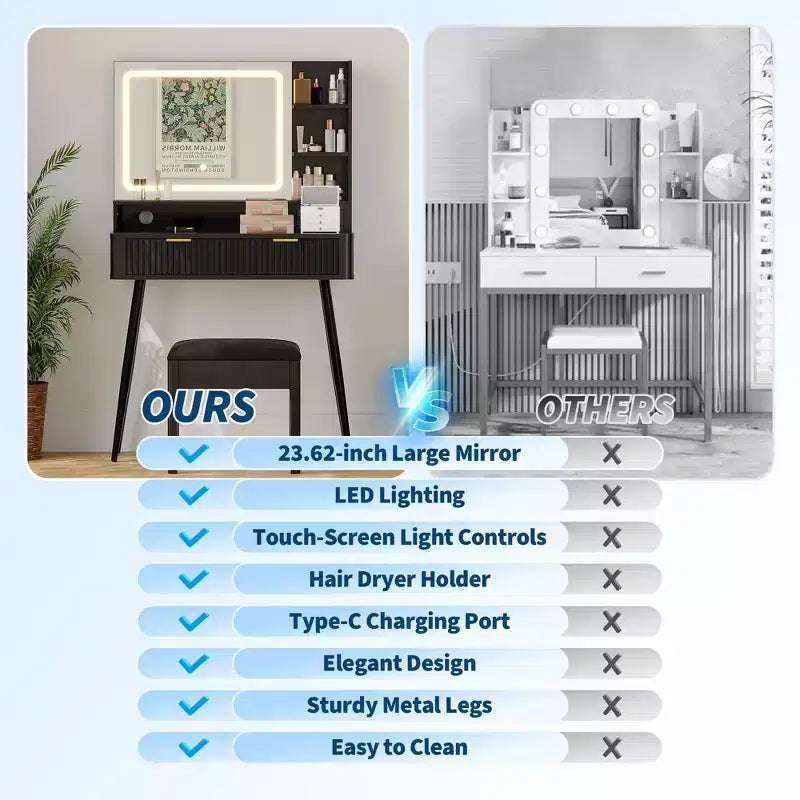 Scrivania da trucco a LED da 31,5 pollici con specchio e 2 cassetti per camera da letto, per riporre e organizzare