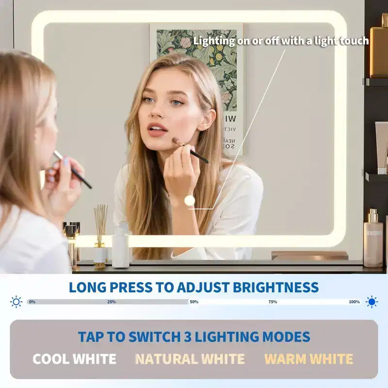 Scrivania da trucco a LED da 31,5 pollici con specchio e 2 cassetti per camera da letto, per riporre e organizzare