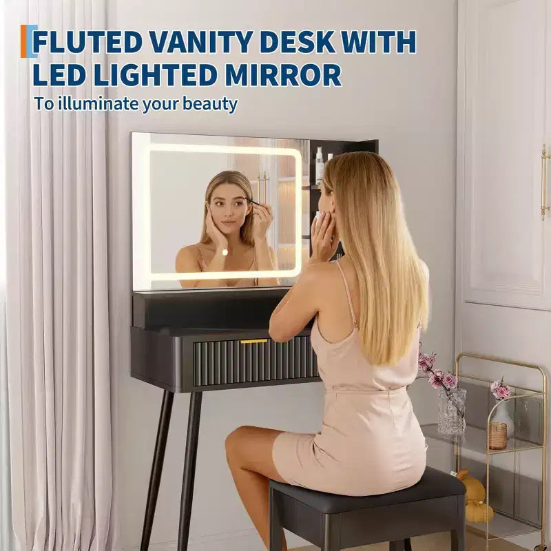 Scrivania da trucco a LED da 31,5 pollici con specchio e 2 cassetti per camera da letto, per riporre e organizzare