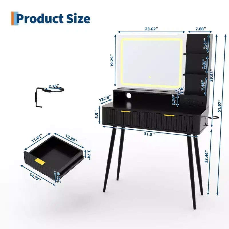 Scrivania da trucco a LED da 31,5 pollici con specchio e 2 cassetti per camera da letto, per riporre e organizzare