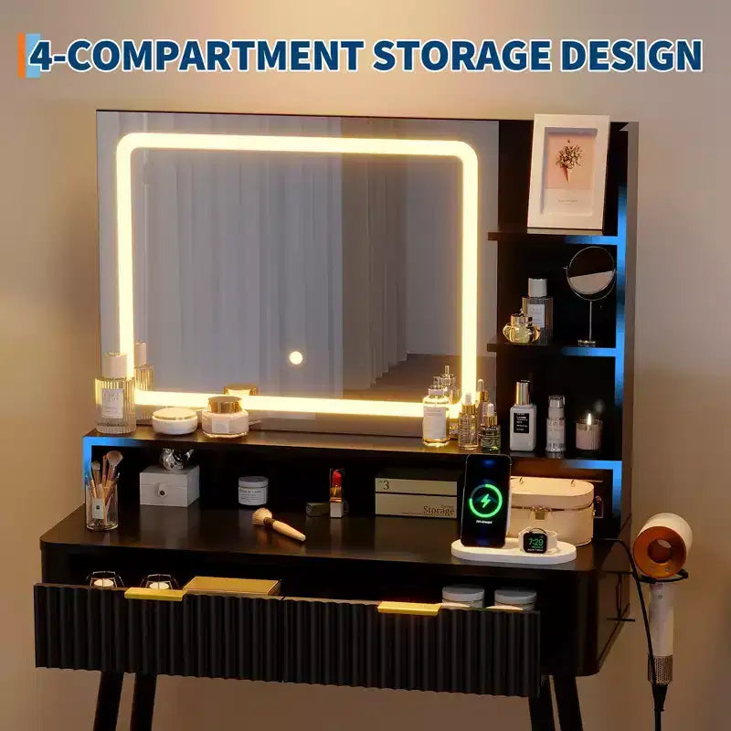 Scrivania da trucco a LED da 31,5 pollici con specchio e 2 cassetti per camera da letto, per riporre e organizzare