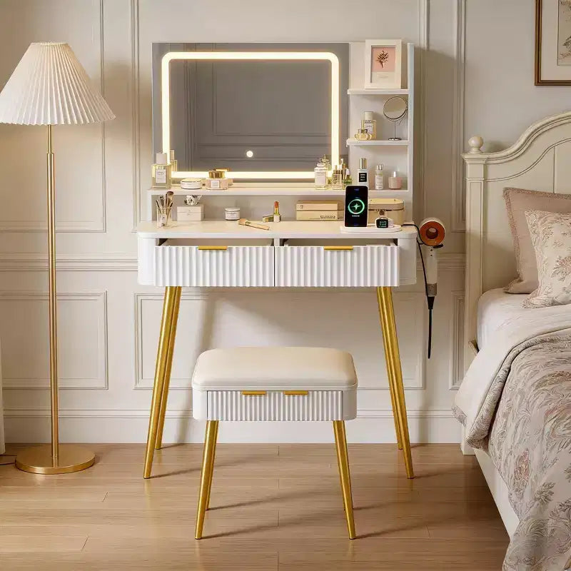 Scrivania da trucco a LED da 31,5 pollici con specchio e 2 cassetti per camera da letto, per riporre e organizzare