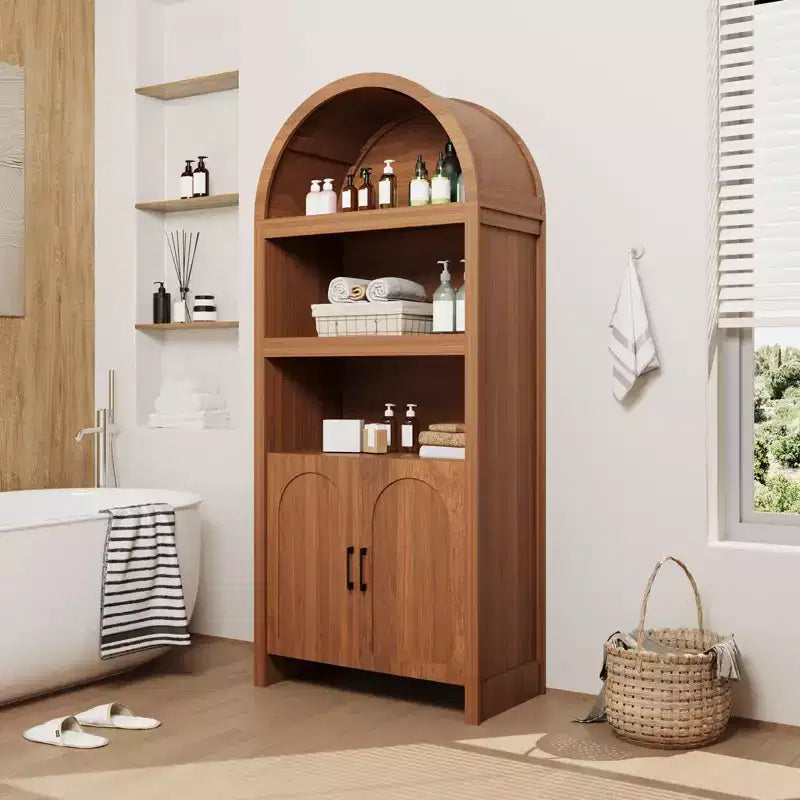 Armadietto portaoggetti alto ad arco da 71 pollici con ripiani aperti e ante, libreria moderna a 5 livelli per sala da pranzo, cucina o soggiorno - Marrone