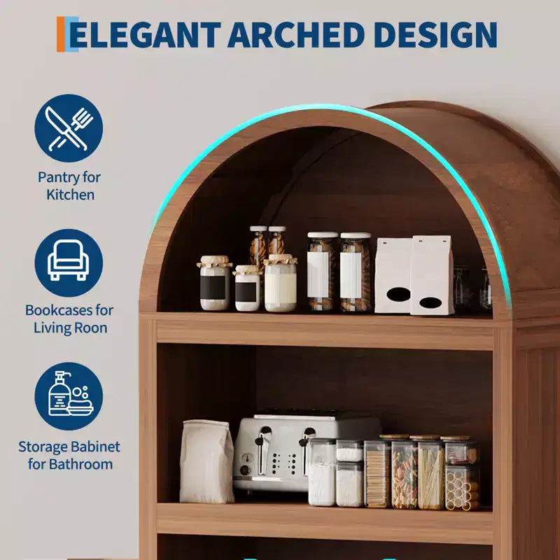 Armadietto portaoggetti alto ad arco da 71 pollici con ripiani aperti e ante, libreria moderna a 5 livelli per sala da pranzo, cucina o soggiorno - Marrone