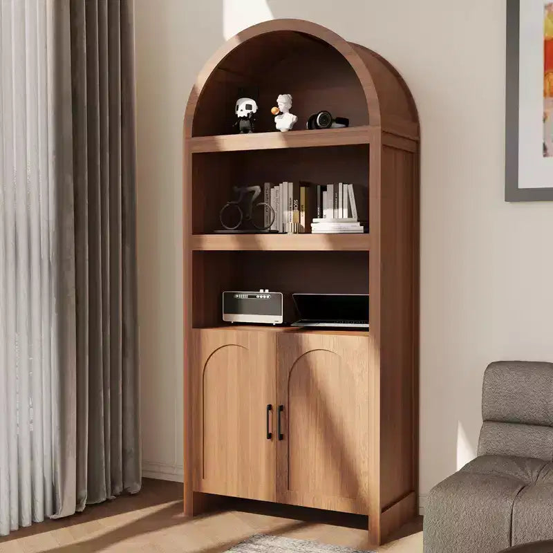 Armadietto portaoggetti alto ad arco da 71 pollici con ripiani aperti e ante, libreria moderna a 5 livelli per sala da pranzo, cucina o soggiorno - Marrone