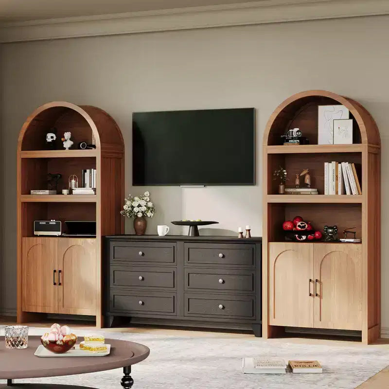 Armadietto portaoggetti alto ad arco da 71 pollici con ripiani aperti e ante, libreria moderna a 5 livelli per sala da pranzo, cucina o soggiorno - Marrone