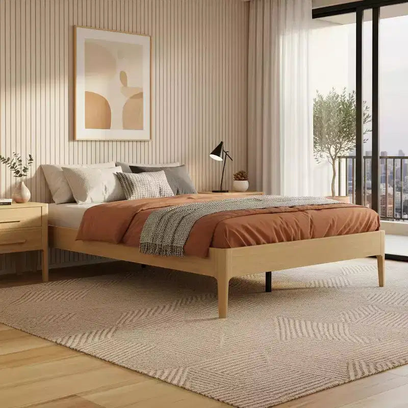 Base letto a piattaforma in bambù massiccio con supporto centrale in metallo e contenitore sottostante