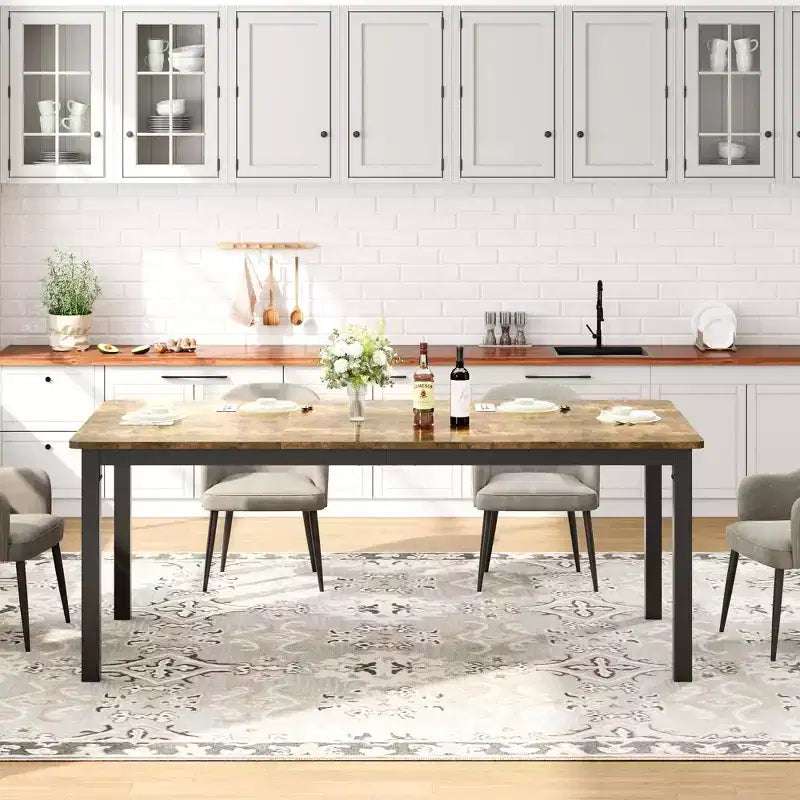 Tavolo da pranzo industriale da 78,7 pollici per 8 persone, tavolo da pranzo lungo in legno con design a tenone a mortasa, tavolo da cucina con robuste gambe in metallo, per sala da pranzo ufficio