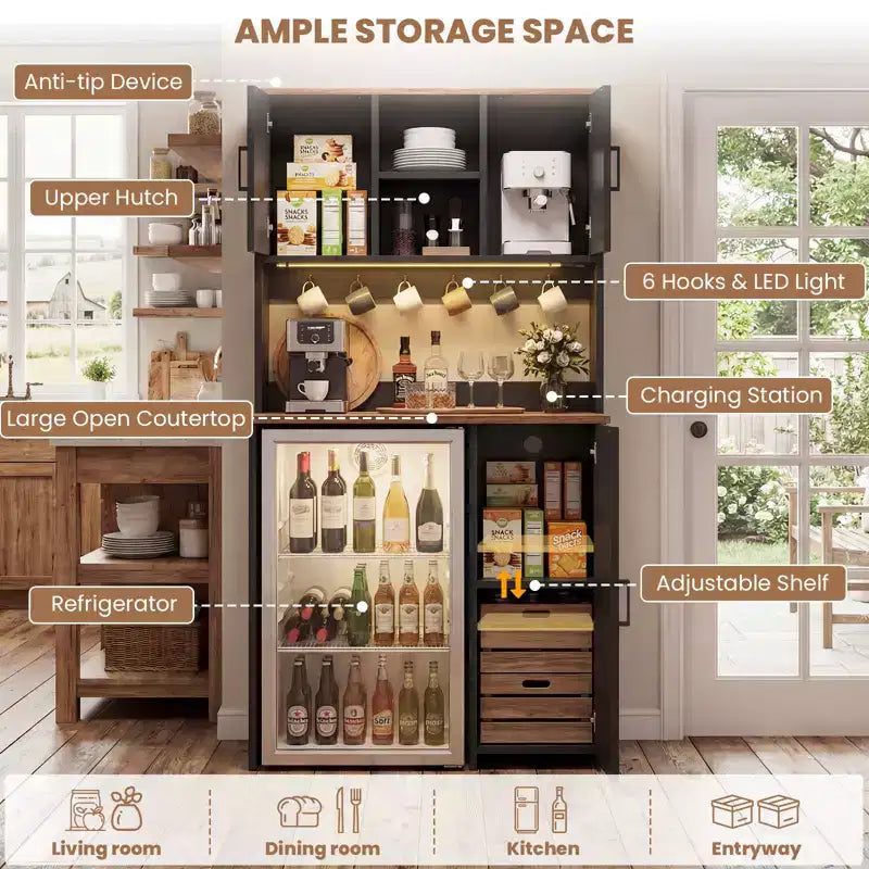 Mobiletto con spazio per mini frigo, mobiletto bar per caffè con ripiano contenitore