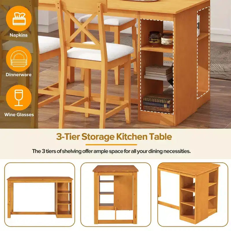 Set da Pranzo in Legno Massello per 4 con Ripiani, Tavolo Rettangolare da Cucina e 4 Sedie per Sala da Pranzo, Angolo Colazione Appartamento