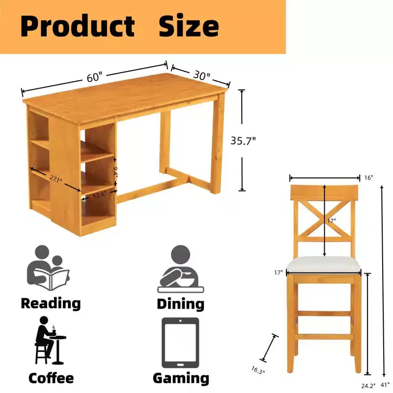 Set da Pranzo in Legno Massello per 4 con Ripiani, Tavolo Rettangolare da Cucina e 4 Sedie per Sala da Pranzo, Angolo Colazione Appartamento