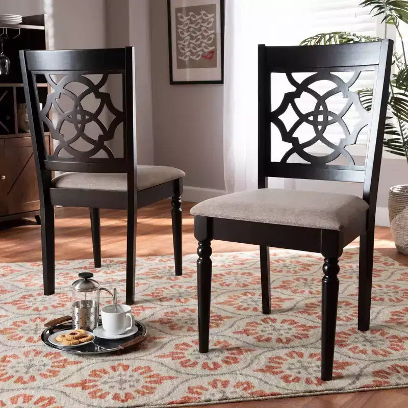 2pc Renaud Fabric Dining Chair Set with Cut-Out Back Design - Baxton Studio: Oak Wood, Foam Padding