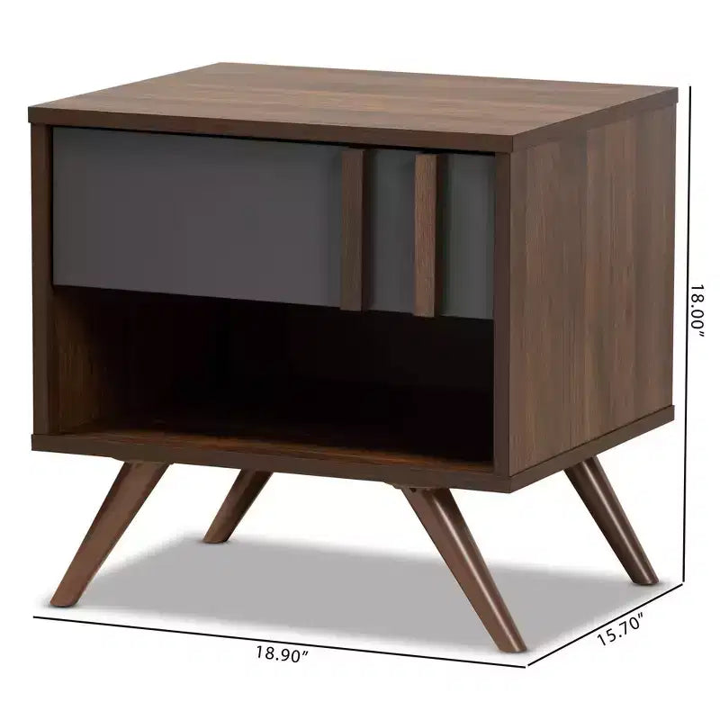 Comodino Naoki Bicolore Legno Grigio/Noce con 1 Cassetto - Baxton Studio: Contenitore Comodino, Gambe Oblique, Design Retrò