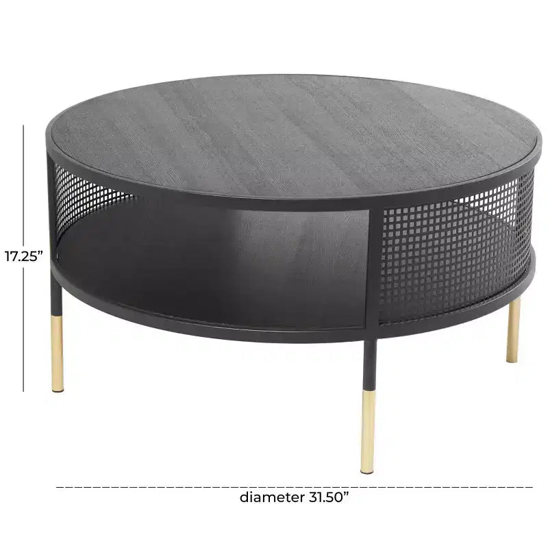 & May Tavolino da Salotto con Struttura a Griglia Metallica Aperta, 1 Ripiano, Gambe Dorate, Nero: Stile Tamburo Moderno, Nessun Montaggio Richiesto