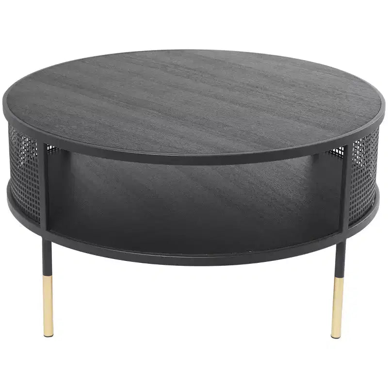 & May Tavolino da Salotto con Struttura a Griglia Metallica Aperta, 1 Ripiano, Gambe Dorate, Nero: Stile Tamburo Moderno, Nessun Montaggio Richiesto