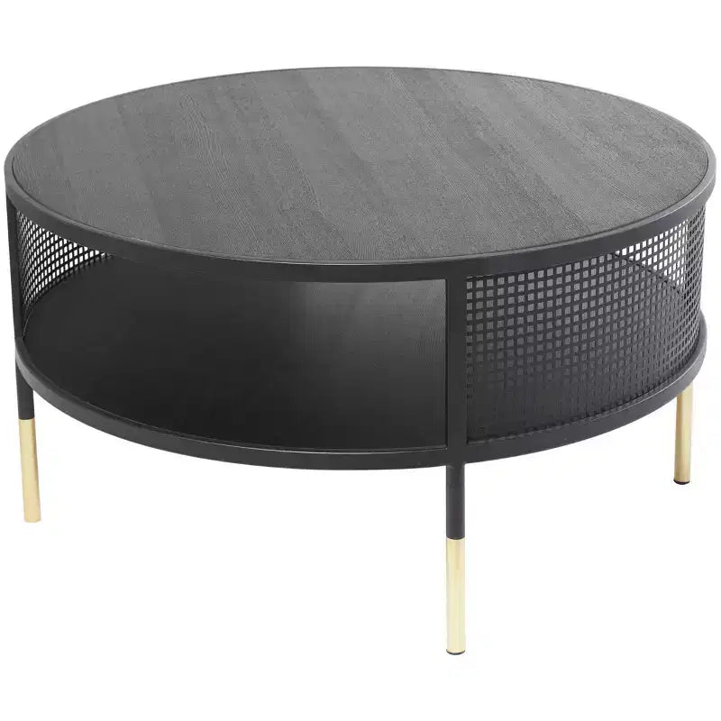 & May Tavolino da Salotto con Struttura a Griglia Metallica Aperta, 1 Ripiano, Gambe Dorate, Nero: Stile Tamburo Moderno, Nessun Montaggio Richiesto