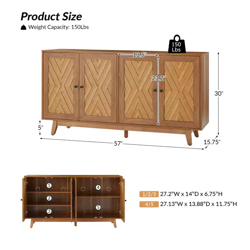 57Ampia credenza di metà secolo con motivo Chevron e ripiani regolabili