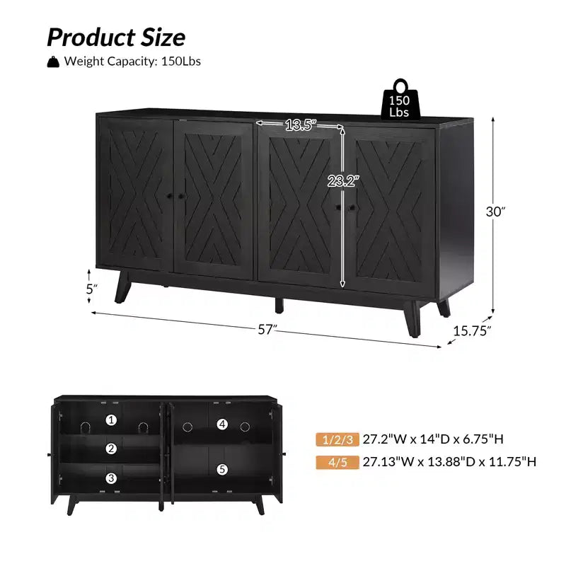 57Ampia credenza di metà secolo con motivo Chevron e ripiani regolabili